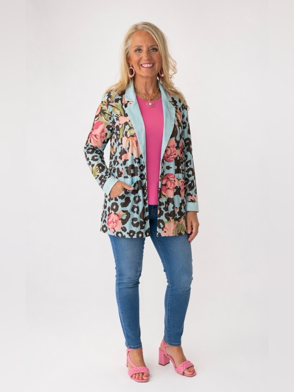 Floral Leopard Print Button-Front Blazer - Blue & Pink Size XL NWOT
